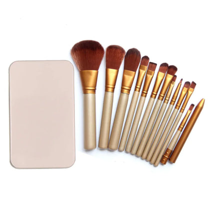 12-Piece Gold Makeup Brush Set - Professional Full-Face Tool Kit