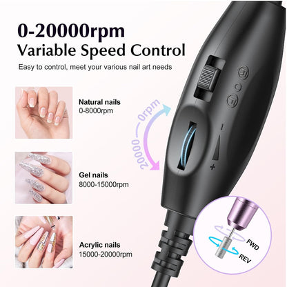 COSLUS Electric Nail Drill File Professional: for Acrylic Gel Dip Powder Nails Portable Nail Machine Kit Manicure Pedicure Tools Polishing Set with Nail Drill Bits Sanding Bands