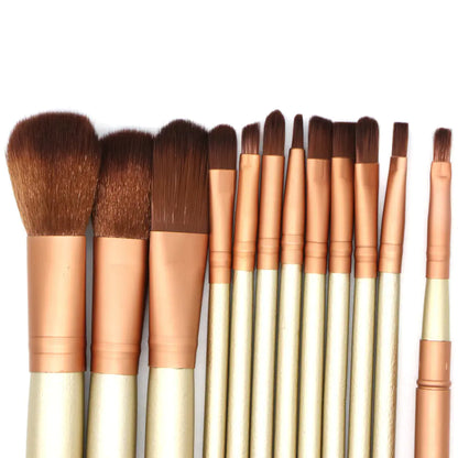 12-Piece Gold Makeup Brush Set - Professional Full-Face Tool Kit