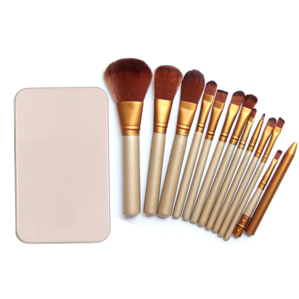 12-Piece Gold Makeup Brush Set - Professional Full-Face Tool Kit