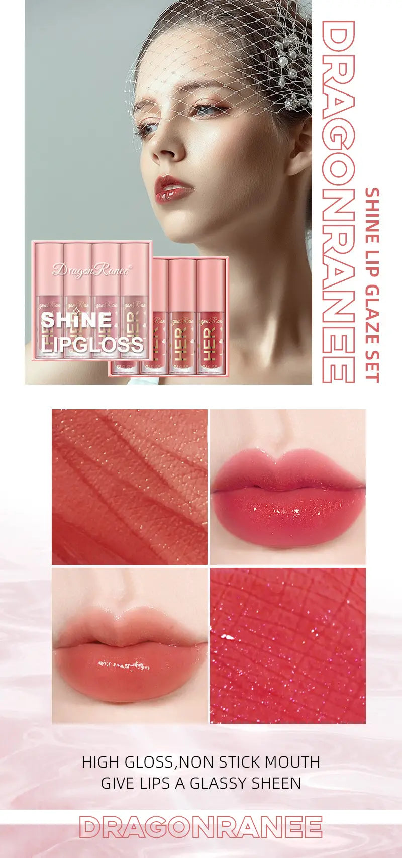 Shine Lip Glaze Set - 4 Pink Gloss with Sequins