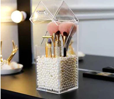 Clear Acrylic Makeup Brush Storage Holder with Decorative Pearls